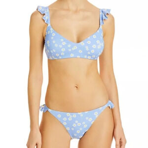 NWT Aqua Swim Bloomingdale’s Daisy Print Ruffled Bikini Top & Bottom Blue | sz S